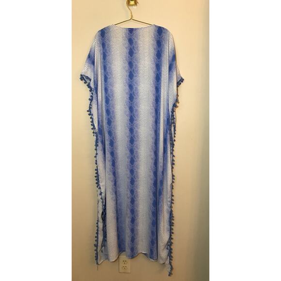 Buddy Love Snake Print Maxi Caftan M Blue White Pom Pom Trim - Picture 6 of 8